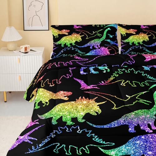 Image of QOOMO Rainbow Dinosaur Comforter Set for Girls Boys, Twin | Cartoon Dino Kids Bedding, 1 Comforter + 2 Pillowcases, Shiny Glitter, Bedroom Decor