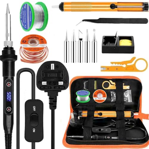 Soldering Iron Kit 80W Ceramic Heating LCD Adjustable Temperature 180-500C 13in1 Welding Tool with Switch Solder Wire Solder Wick 5 Soldering Tips Desoldering Pump Wire Stripper Stand Tweezer
