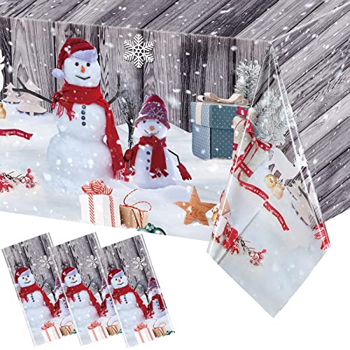 Tiamon 3 Pcs Christmas Tablecloth Snowman Table Cover Disposable Rustic Wood Grain Winter Snowflake Rectangle Table Cloth for Xmas New Year Holiday Party Supplies, 54 x 108 Inch