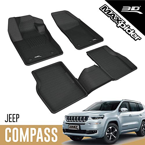 3D MAXpider All-Weather Floor Mats for Jeep Compass 2017-2022 Premium Custom Fit Car Floor Liners, Kagu Series (1st & 2nd Row, Black)