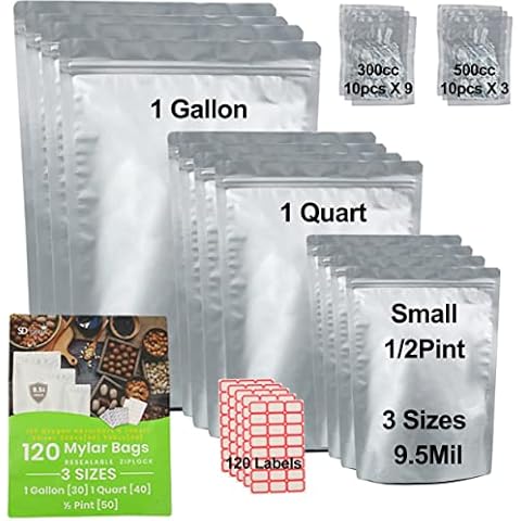 120 PCS Mylar Bags for Food Storage with Oxygen Absorbers - 500cc & 300cc Oxygen Absorbers, 9.5 Mil 3 Sizes (1 Gallon,1 Quart, 1/2 Pint) Resealable Bags Cover