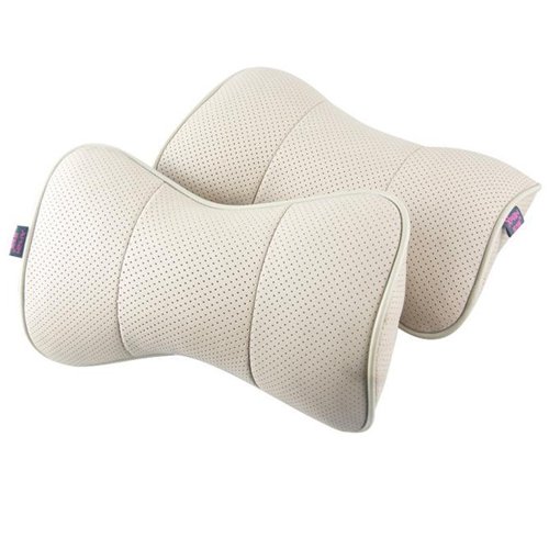 Leather Headrest Neck Bone Shape Pillow Car Rest Cushion - Beige (Pair)
