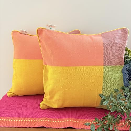 Image of RANGBHAR Handloom 100% Cotton Cushion Cover Set of 2 | Cushion with All-Around Piping for Premium Finish | 16x16 Inches Hand Woven Striped Cushion Covers - Yellow