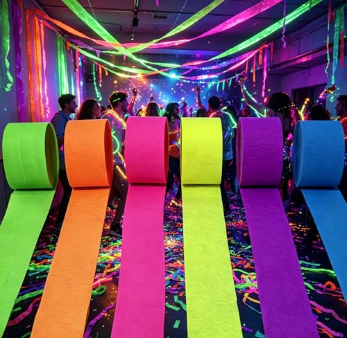 Image of 6 Rolls 600 Feet Neon Crepe Paper Streamers, UV Black Light Reactive Fluorescent Streamers, Glow In The Dark Neon Hanging Backdrop Decor for Glow Party, Birthday, Wedding,Halloween,Rave Party Supplies