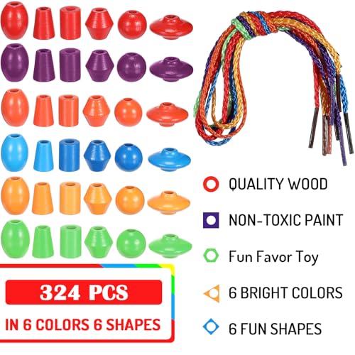 Image of Shappy 324 Pcs Wooden Lacing Beads for Wooden String Beads Threading Toys Montessori Lacing Toys Fine Motor Skills Developmental Educational Plaything Sensory Occupational Activities Autism OT