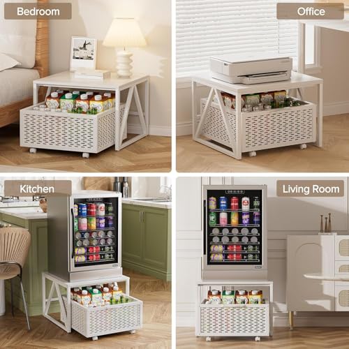 Image of 65513 Mini Fridge Stand with Storage, Heavy Duty Utility Cart with Drawer Basket,Night Table, Kitchen Trolley Mobile Fridge Stand with Swivel Wheels for Dorm,Office,Home,White