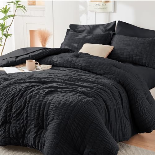 Image of HYMOKEGE Black Oversized Queen Comforter Set Seersucker 7 Pieces, All Season Luxury Bed in a Bag for Bedroom, Bedding Set with Comforter, Sheets, Pillowcases & Shams