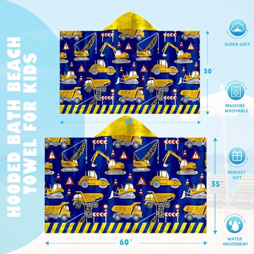 Image of Engineering Vehicle Boys Beach Towel with Hoodie for Kids Toddlers Age 4-8,Car Blue Bath Towels Shower Wrap for Boys, Hooded Poncho Beach Blanket for Pool Swimming Cute Wearable Bath Towel for Child