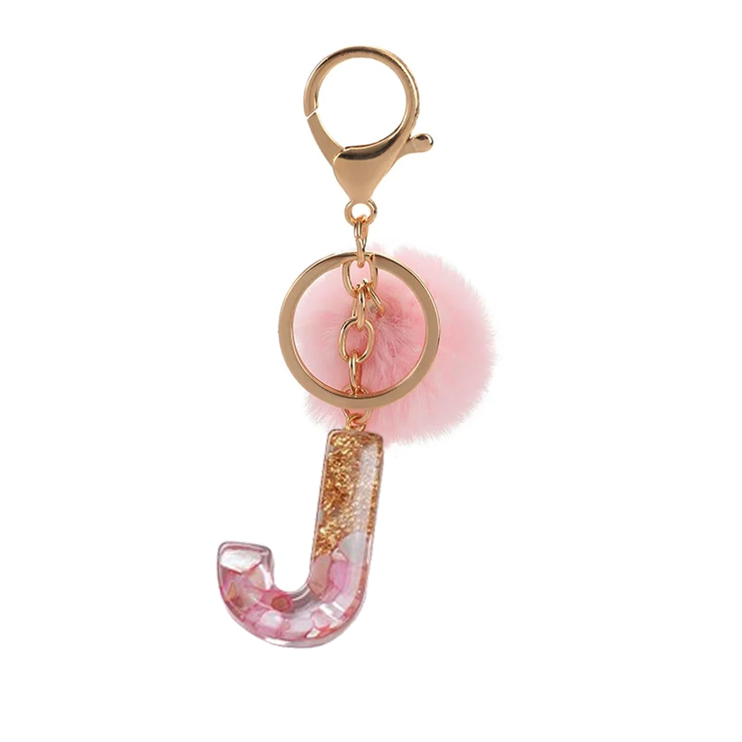 ARFUKA Initial Letter Keyring Pink Fluffy Pom Pom Keychain Alphabet Pendant Bag Charm for Keys, Backpack, Bag - Ideal for Sister, Besties, Mom on Birthday, Christmas (Letter J)