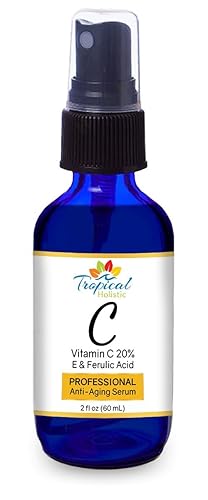 Tropical Holistic Suero de vitamina C de 2 onzas líquidas con vitamina E, ácido ferúlico y té verde para antienvejecimiento, cara antiarrugas, área