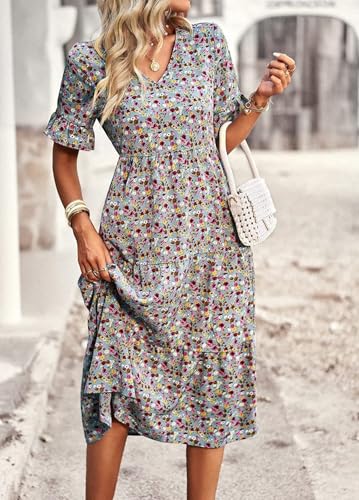 Summer Floral Long Sleeved Casual Bohemian V-Neck Short Sleeved Flowing Beach Long Sun Skirt3