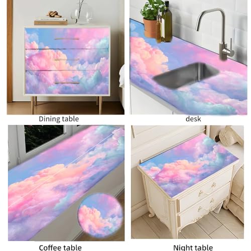 Image of Pastel Cloud Desktop Sticker 39.37x23.62In, Rainbow Cotton Candy Sky Desk Decal, Easy Clean Table Surface Sticker, Dreamy Aesthetic Home Office Decor