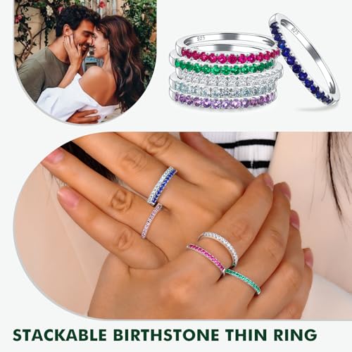 925 Sterling Silver Birthstone Rings for Women Wedding Band Created Gemstone Half Eternity Stackable Engagement Ring Anniversary Band Size 6 to 103