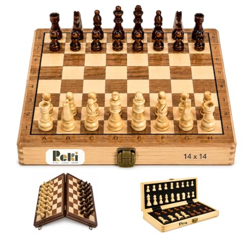 Image of Classic - 14x14 Inch Wooden Chess Board with Chessmen | Magnetic Folding Chess Set with Storage | Travel Friendly Board Game for Kids & Adults
