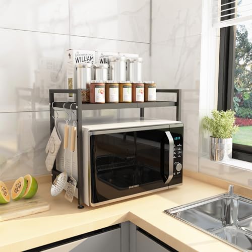 DAWNYIELD Estante Extensible de 2 Niveles para Horno Microondas con 3 Ganchos para Colgar, Soporte para Microondas con Almacenamiento para Encimera de Cocina, Soporte de Impresora (Negro)