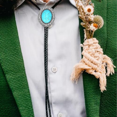Image of AZORA Western Cowboy Bolo Tie Men Leather Necktie Leather Cord Turquoise Stone Bolo Ties for Men Women