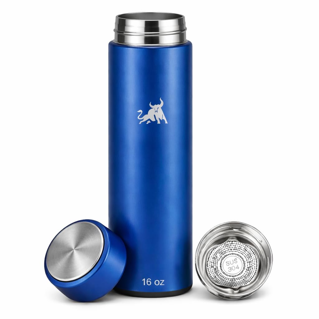Chandler Botella de acero inoxidable al vacío de 16 onzas para café caliente y frío, té y bebidas, cabe en el coche sin derrames, tapa aislada con presión y agujero sellado para popote (azul)