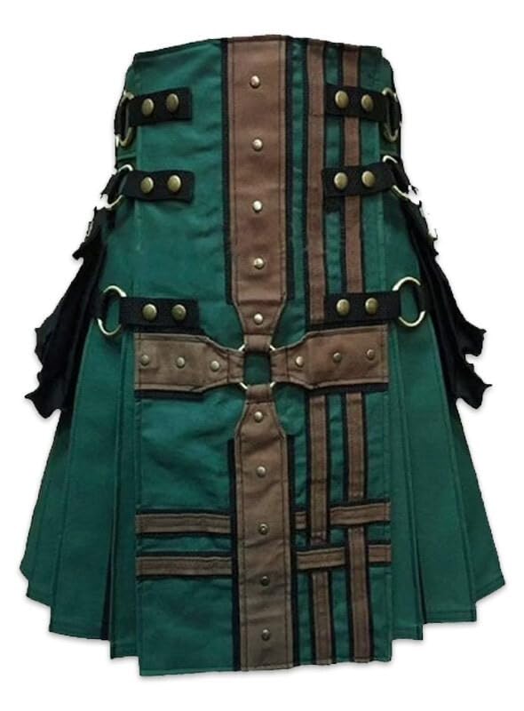 Medieval Modern Utility Kilt, Hunter Green with Brown Leather Accents, Metal Rings and Studs (42 inches / 106 cm)
