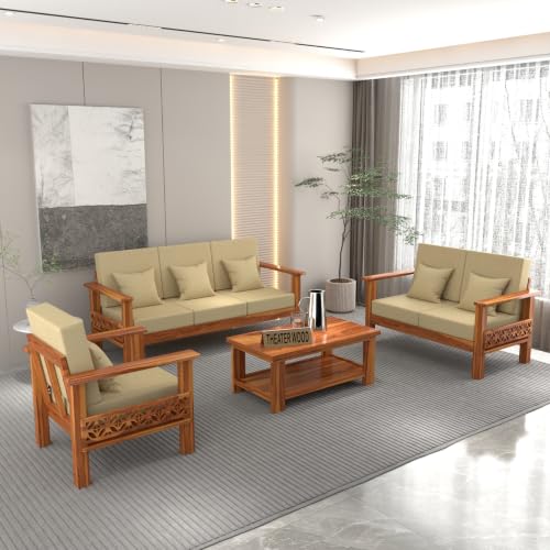 Image of Solid Sheesham Wood 6 Seater Sofa | Premium Handmade Wooden Sofa with Upholstered Cushioned Seat & Backrest | Modern Carved Couch for Living Room, Bedroom, Office, Reception & Lounge