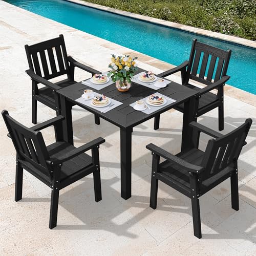 Image of YEFU HIPS Patio Table Set: 5 Piece Outdoor Square Table and Chairs with Metal Aluminum Frame - Black Modern Plastic Patio Dining Furniture Set 4 Person for Outside Deck