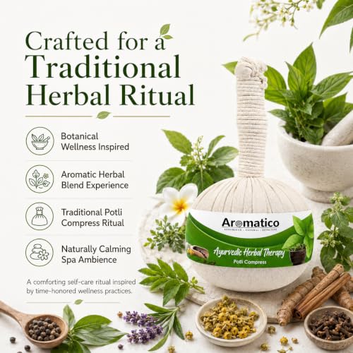 Image of AROMATICO Ayurvedic Herbal Potli with 17 ancient herbs. Helps with Pain Relief, Post-Workout Recovery & Muscle Relaxation. For Men & Women. 200gm Pack of 2