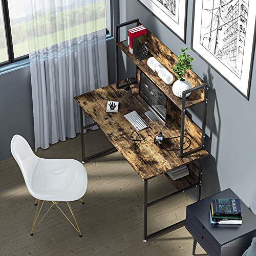 HABILY Morden Computer Desk with Hutch Storage Shelves, 47 Inch Industrial Work Desk Ladder Desk with Bookshelf and Tower Storage for Home Office (Rustic)