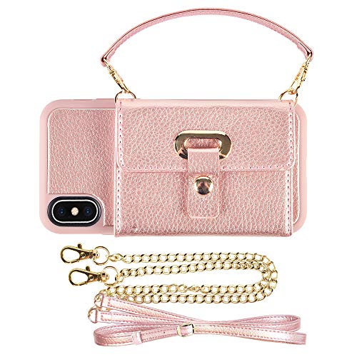 LAMEEKU Wallet Case for iPhone Xs, iPhone X Leather Case Credit Card Slot Holder Purse Handbag with Crossbody Chain Wrist Strap Protective Cover, Compatible for iPhone X/XS 5.8 inch - Rose Gold