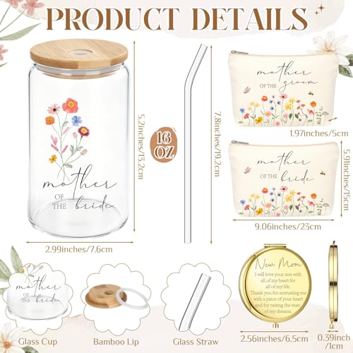 Image of Hushee 12 Pcs Mother of the Bride Groom Gift Set: Satin Robes for Women Tote Bags Makeup Bags 16oz Glass with Straws Handkerchiefs Mirrors for Mom Bridal Shower Wedding Gifts(Champagne,Daisy)