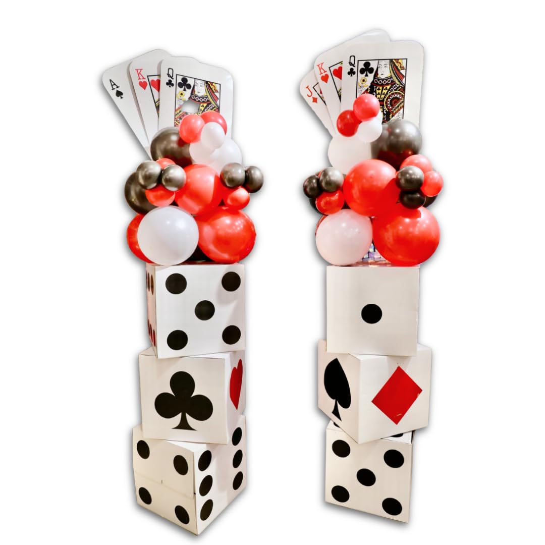 WANNA PARTY WP 42 Pcs Casino Themed Card Decorations Set 6 18 Inch Large Dice Boxes 6 Jumbo Poker Cards 30 Red Black and White Balloon,Poker, Cards Decoration