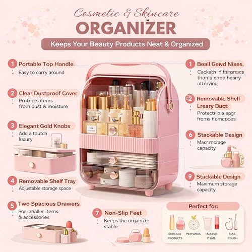 Image of JIALTO Large Cosmetic Organizer Box with Handle - Dustproof Makeup Storage Cabinet with Drawer, Skincare & Perfume Organizer for Vanity, Dressing Table & Bathroom Countertop (37x29.5x20 cm, Pink)
