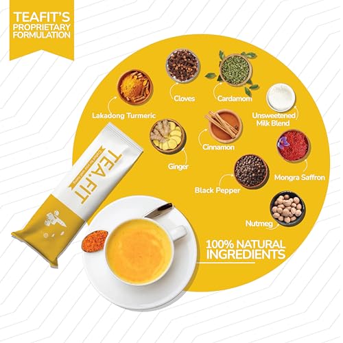 Image of TeaFit NO SUGAR Instant Turmeric Latte | Healing Haldi Doodh | 100 Sachets (1500gm) + Spoon | Get Good Sleep | Ayurvedic Remedy | Diabetic-Friendly | With Lakdadong Turmeric
