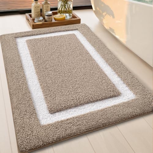 Image of Color&Geometry Extra Soft Bathroom Rugs 36x24, Absorbent Microfiber Bath Rug, Non-Slip Bathroom mat, Washable Plush Bath Mats for Bathroom, Shower, Bathtub, Laundry, Khaki White