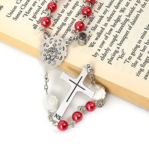 Nazareth Store Pearl Beads Rosary Beaded Necklace Projection Our Father Prayer Medal With Miraculous Centerpiece And Jesus Crucifix Ns (Red) #TOP2