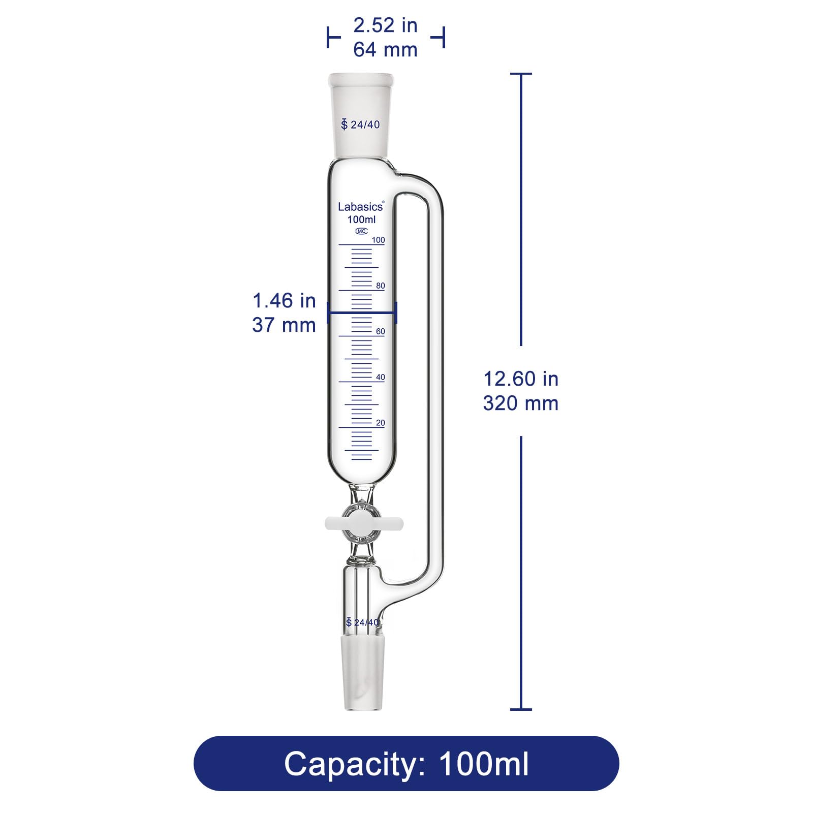 Labasics Graduierter Druckausgleichs-Additionstrichter mit PTFE-Hahn, Borosilikatglas Tropftrichter für Labor Titrationsreaktionen, 24/40 Schliff, 100 ml
