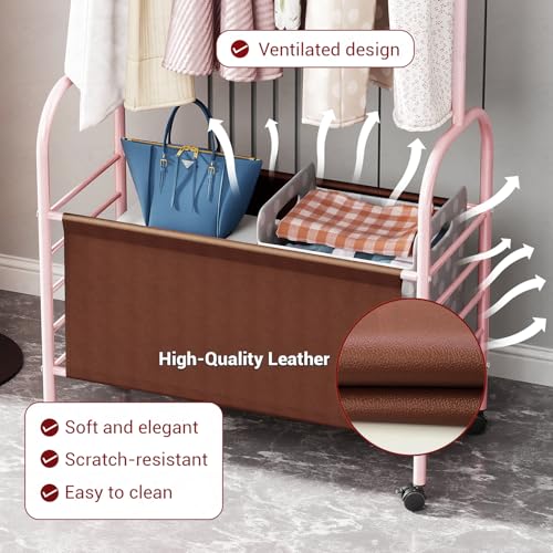 Image of Lukzer | MGR-009 | Pink | Metal Clothes Rail Stand with 360 Rotating Wheels & Leather Storage Bin - 4 Hook Garment Rack Organizer for Bedroom, Closet, Laundry Room, Dormitory | 171 x 75 x 35 cm