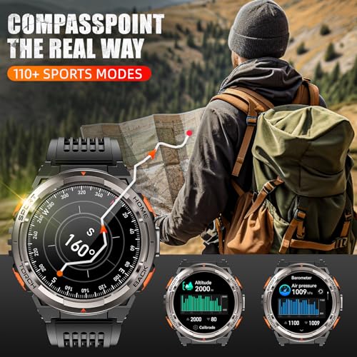KE5 Military Smart Watch for Men with Flashlight SOS 3ATM Waterproof Watch 530mAh Big Battery 1.45" Rugged Tactical Smartwatch with Compass Elevation Barometer Fitness Watch for iPhone Android - Image 5