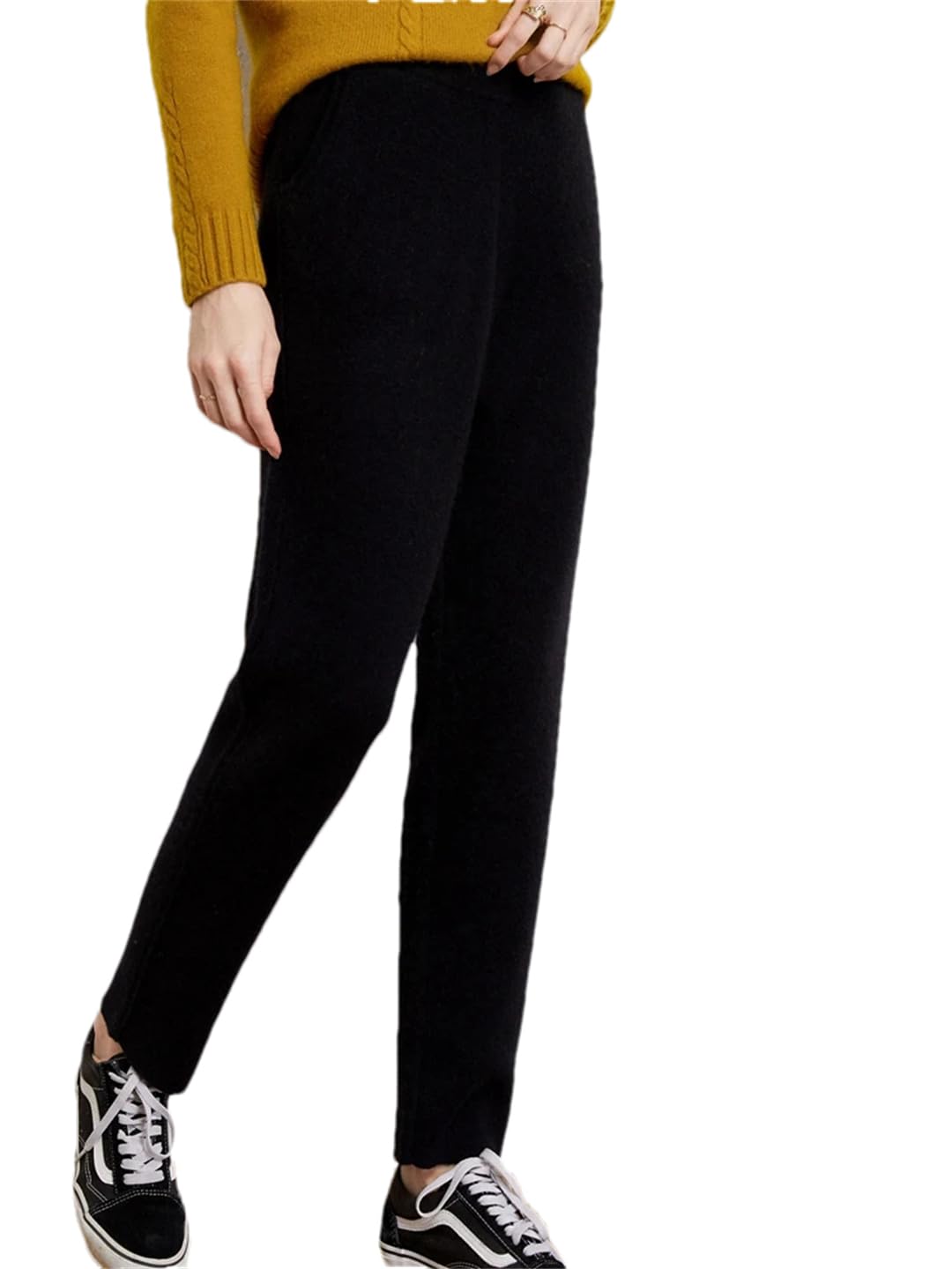 Women Cashmere Knit Trousers Thick Warm Casual Pencil Solid Elastic Soft Pants Fall Winter