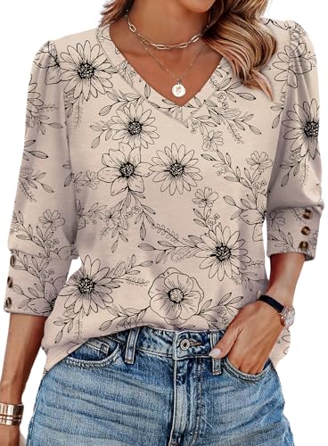 XIEERDUO Womens 3/4 Sleeve Tops with Buttons V-Neck Summer Outfits Casual Blouses Shirts Beach Vacation Fall Clothes 2025