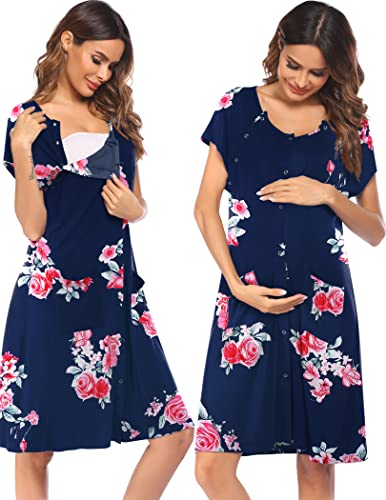 Image of Ekouaer 3 in 1 Labor/Delivery/Hospital Gown Nursing Dress Maternity Nightgown Sleepwear for Breastfeeding with Button S-XXL
