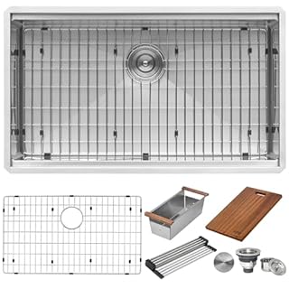 Ruvati 33-inch Round Corner Undermount 16 Gauge Stainless Steel Workstation Kitchen Sink Single Bowl – Soundproof Multifunction Chef Sink with Cutting Board & Accessories – RVH8303