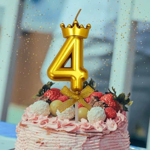 Image of KITTER 1 Pc 4 Number Candle for Birthday Cake Crown Candle With Number Four Metallic Gold Number 4th Birthday Cake Decoration Cake Topper 0-9 Num ber Candles for Anniversary (Pack of 1, Golden Colour)