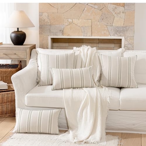 Image of Hckot Spring Throw Pillow Covers 12x20 Set of 2 Grass Green Pillow Covers Farmhouse Decorative Pillows Textured Linen Square Cushion Covers for Sofa Couch Bed Living Room Decor(Grass Green)