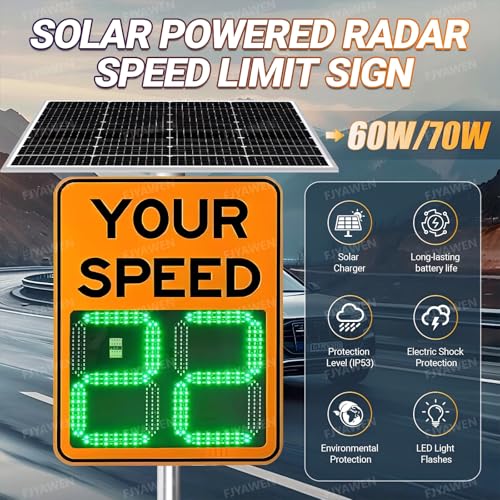 Señal de velocidad de radar, pantalla LED con energía solar, rango de medición de velocidad de 300 m, cubre 4 carriles, incluye accesorios, 60 x 90 cm