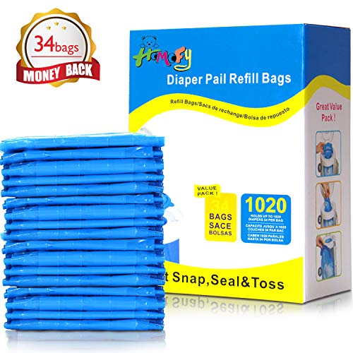 HOMOFY Diaper Pail Refill Bags 34 Bags Holds Up to 1020 Diapers Fully Compatible with Arm&Hammer Disposal System Seal and Toss Diaper Pail Refills
