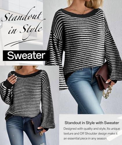 Image of MARZXIN Women's 2026 Fall Long Sleeve Sweaters Casual Loose Striped Off Shoulder Casual Oversized Knitted Sweater Pullovers
