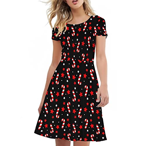 Image of POLERO Women Puffy Swing Elegant Party Midi Dresses Short Sleeve Round Neck A-Line Dress