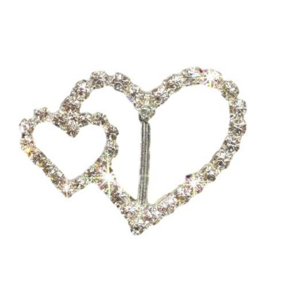 Syntego Silver 10 X Beautiful Rhinestone Ribbon Slider Buckles Crystal Diamante Embellishment Double Heart For Wedding Card Invitations