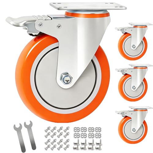 5 Inch Casters Wheels with Brake, Heavy Duty Swivel Plate Casters Set of 4, Polyurethane Wheels for Carts, Furniture & Machinery – Non-Marking, Smooth-Rolling Industrial Casters, Load 2400lbs