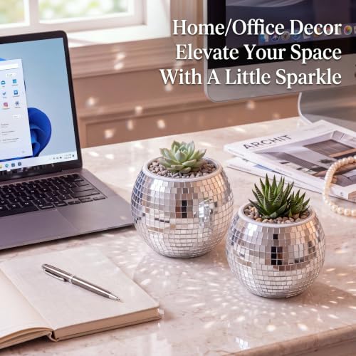 Image of Inbagi 6 Pcs Disco Ball Vase Mirror Glass Centerpiece,3 x 4 Inch,Silver | Mirrored Planter in Wedding Party, Reflective Flower Holders, Retro Glam Bowls Ideal Bedroom Kitchen Office Table Decorations