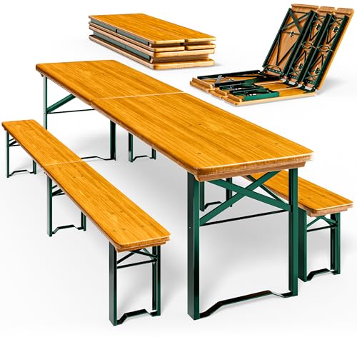 CASARIA Conjunto Mesa y Bancos Largos 10 Personas Plegables Cerveza 220Cm Madera Acero 220x50x75cm